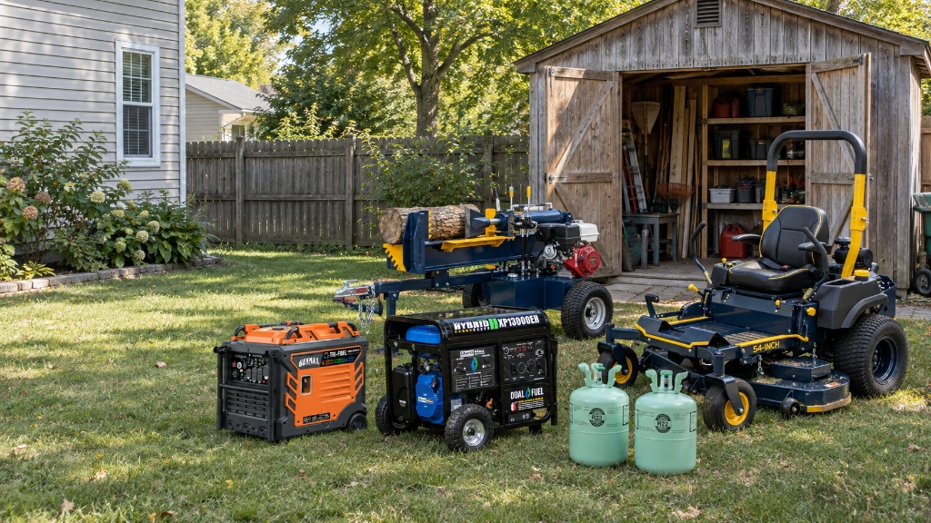 Generator, log splitter, zero-turn mower, and refrigerant cylinders in a sunny backyard