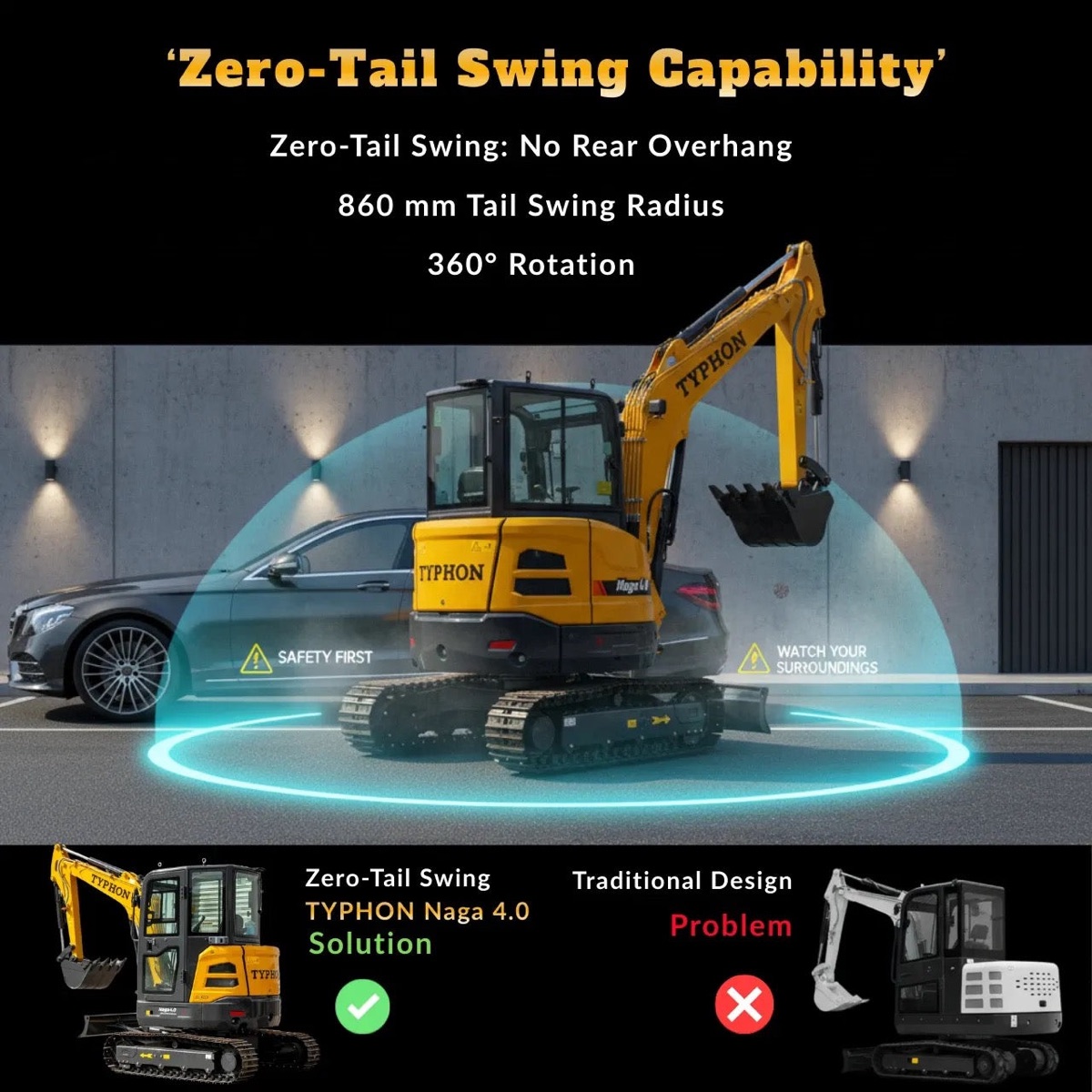 TYPHON NAGA 4.0 - 4 Ton Yanmar Diesel Mini Excavator with Steel Tracks, Enclosed A/C Cab and Zero Tail Swing, photo 3 of 11